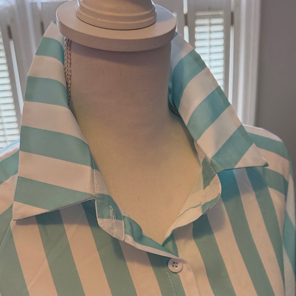 Striped Button-Up Shirt in Aqua & White - Longer in Back Size M - Picture 6 of 7